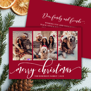 Cartes Pour Fêtes Annuelles Élégant Chic Script 3 Photo Collage Rouge Noël 