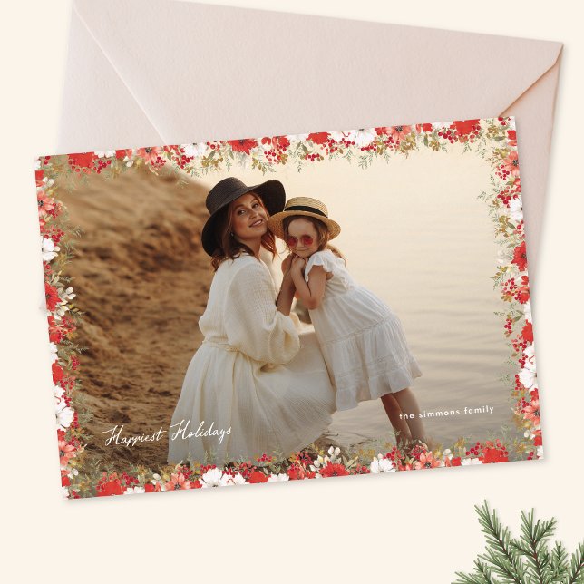 Cartes Pour Fêtes Annuelles elegant christmas photo floral frame happiest (Créateur téléchargé)