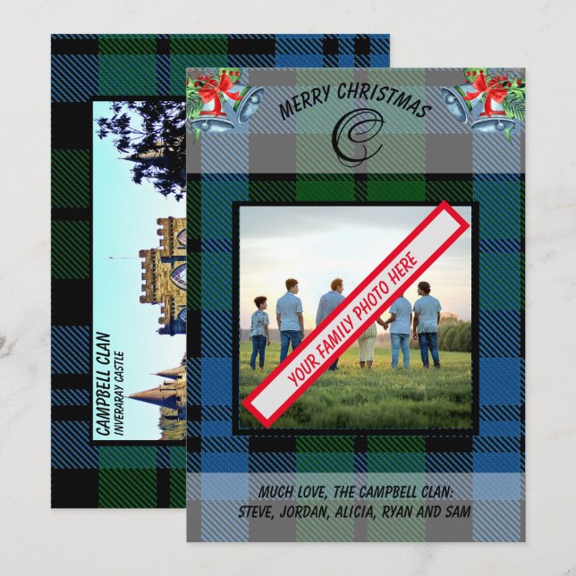 Cartes Pour Fêtes Annuelles Elégant Clan Campbell Blue Tartan Photo de famille (Devant / Derrière)