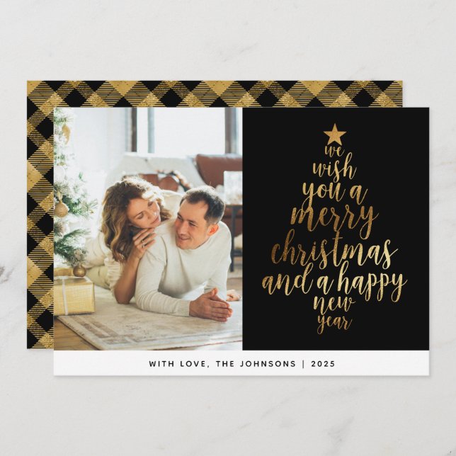 Cartes Pour Fêtes Annuelles Élégant classique Black Gold Famille Photo Noël (Devant / Derrière)