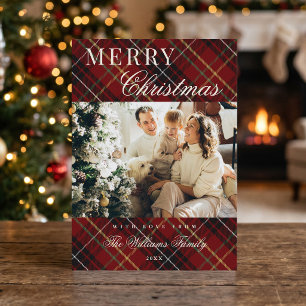Cartes Pour Fêtes Annuelles Élégant Classique Rouge Plaid 1 Photo Noël
