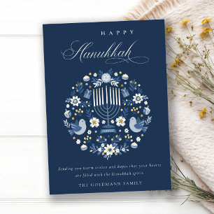 Cartes Pour Fêtes Annuelles Elégant Classy Navy Blue Happy Hanoukka Floral