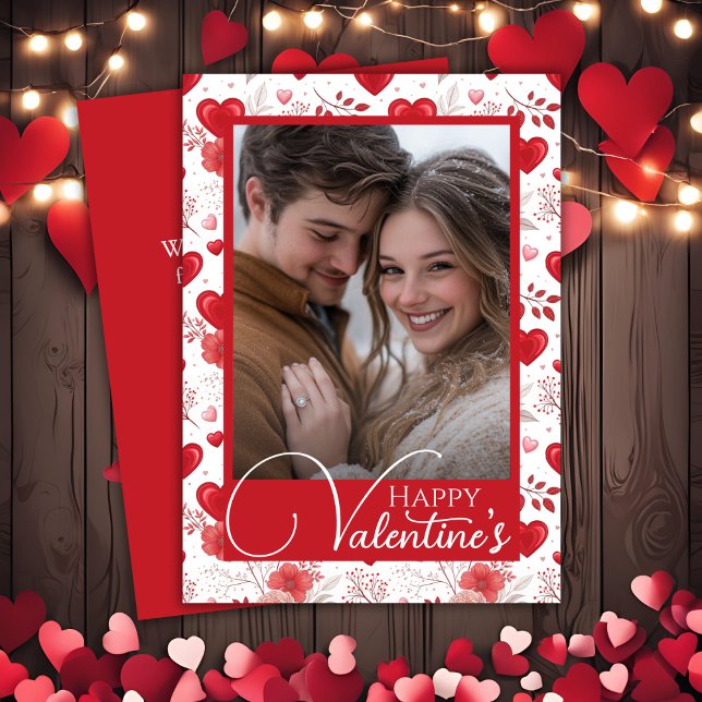Cartes Pour Fêtes Annuelles Elégant Coeur Rouge Heureux Photo personnalisée de (Elegant Red Hearts Happy Valentine's Custom Photo Holiday Card)