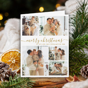 Cartes Pour Fêtes Annuelles Élégant Collage de 5 Photos de Noël en Or Blanc 