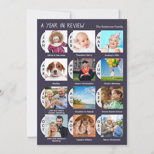 Cartes Pour Fêtes Annuelles Élégant collage personnalisé de 12 photos bleu fon (Devant)