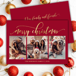 Cartes Pour Fêtes Annuelles Élégant Collage Photo 3 Script Or Rouge Noël