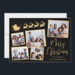 Cartes Pour Fêtes Annuelles Elégant Collage Photo Père Noël Sleigh Black Gold<br><div class="desc">Elégante carte de vacances en noir et or avec un collage photo de 5 images éparpillées dans des cadres,  une silhouette de rennes volant en traîneau à Père Noël,  "Joyeux Noël" dans un script élégant et votre nom dans une typographie moderne simple.</div>