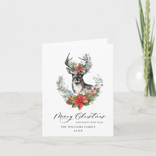 Cartes Pour Fêtes Annuelles Elegant Deer Poinsettia Joyeux voeux de Noël (Devant)