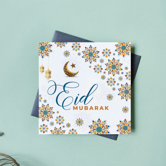 Cartes Pour Fêtes Annuelles Élégant Eid Moubarak Lune Étoiles (eid cards happy mubarak eid al adha islam calligraphy ramadan kareem arabic muslim moon white blue)