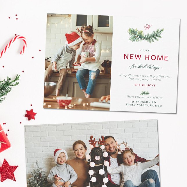 Cartes Pour Fêtes Annuelles Élégant Épinette Nouvelle Maison Famille Monogramm (new home moving announcement address change family holiday card christmas green red spruce elegant)
