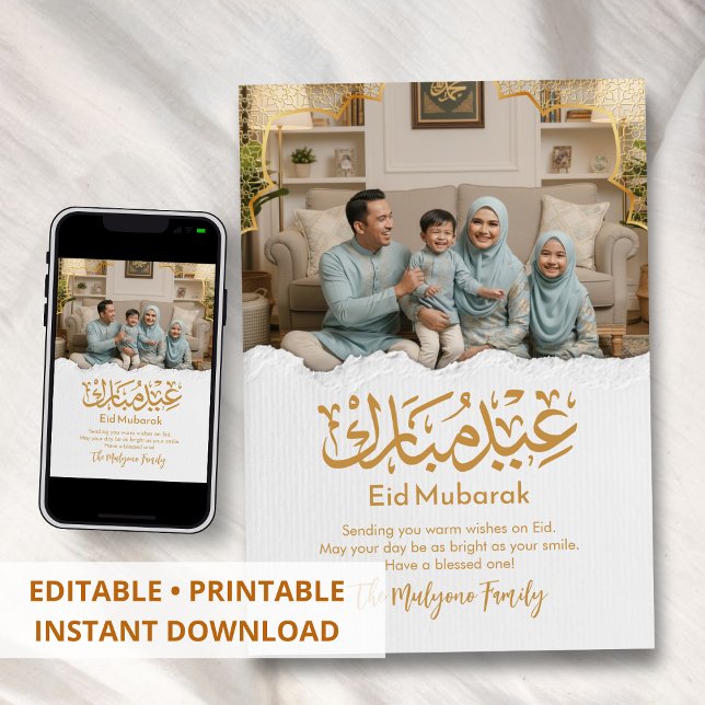 Cartes Pour Fêtes Annuelles Elegant Family Photo Eid Mubarak Gold Arabic Card (Créateur téléchargé)