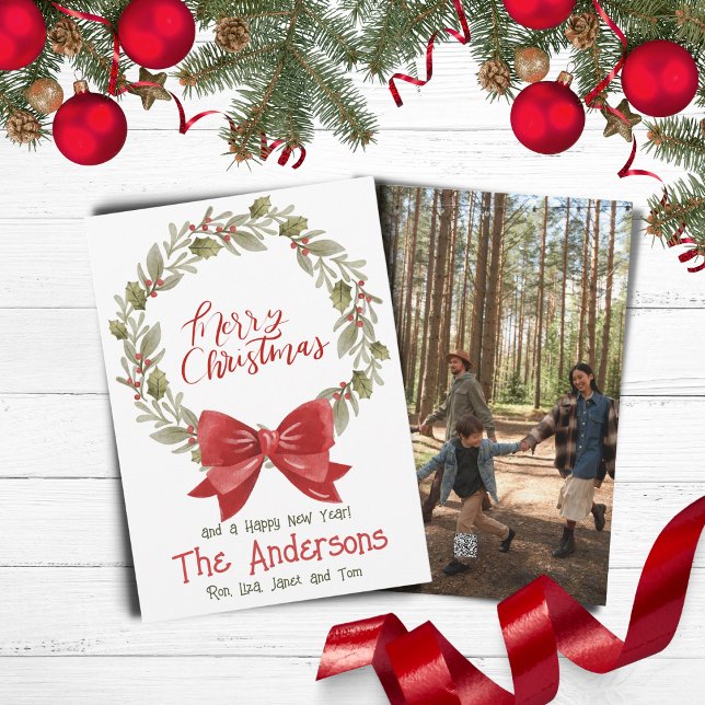 Cartes Pour Fêtes Annuelles Élégant Festif Joyeux Noël Wreath Red Bow (Créateur téléchargé)