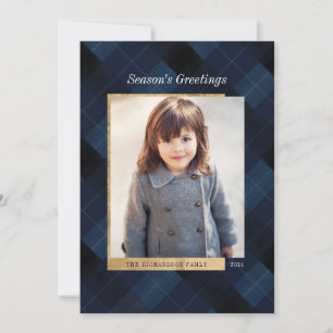 Cartes Pour Fêtes Annuelles Elégant Festif Marine Plaid & Gold One Photo