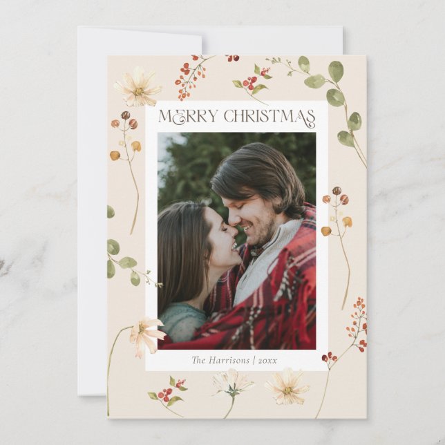 Cartes Pour Fêtes Annuelles Elégant Fleur sauvage Aquarelle Joyeux Noël (Devant)