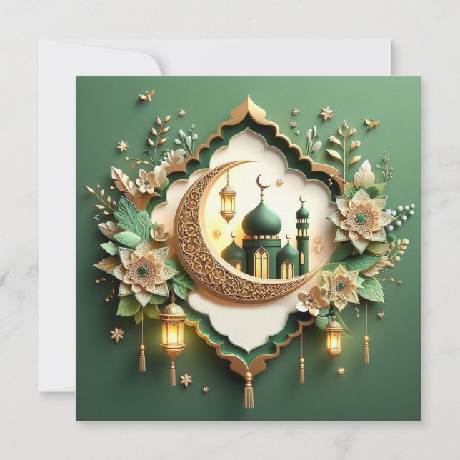 Cartes Pour Fêtes Annuelles Elégant floral Eid Moubarak Crescent Mosquée verte (Devant)