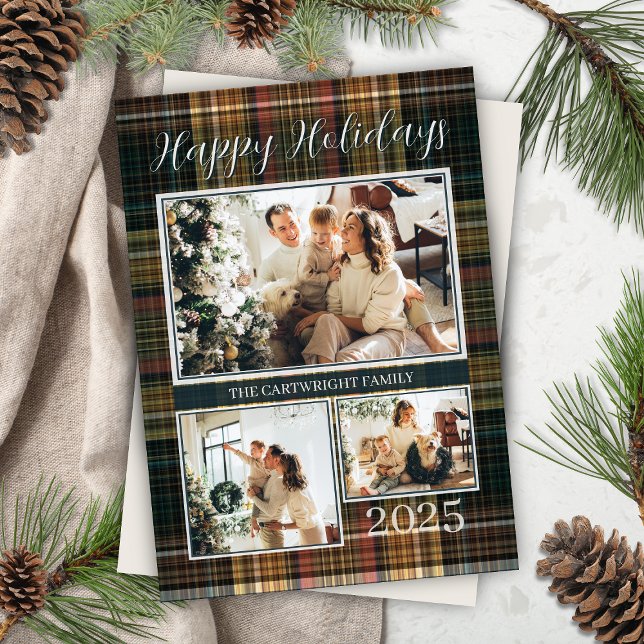 Cartes Pour Fêtes Annuelles Élégant Formal Plaid Family Photo Joyeux Vacances (modern rustic plaid happy holidays card with 3 photos family name, year and personalized message)