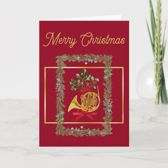 Cartes Pour Fêtes Annuelles Elegant French Horn Christmas Maroon (Devant)