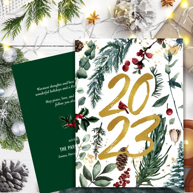 Cartes Pour Fêtes Annuelles Elégant Gold 2023 Festive Pine vert Rouge Floral (Créateur téléchargé)