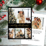 Cartes Pour Fêtes Annuelles Elegant Gold Black 4 Photo Collage Noël<br><div class="desc">Calligraphie minimaliste et élégante 4 Collage photo Joyeux Script de Noël Carte de vacances en noir et or. Ce modèle festif, simple quatre (4) photo de carte de vacances dispose d'une jolie grille photo collage et dit "Joyeux Noël"! Le texte de salutation "Joyeux Noël" est écrit dans une belle main...</div>