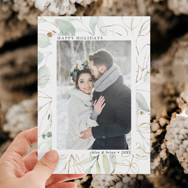 Cartes Pour Fêtes Annuelles Elégant Gold Botanical Green Photo (Créateur téléchargé)