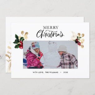 Cartes Pour Fêtes Annuelles Élégant Gold et Red Holly Berries Script élégant