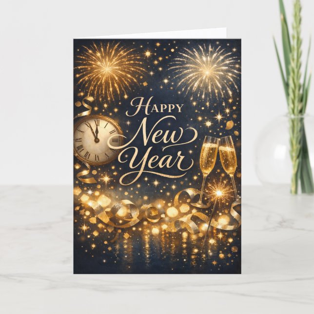 Cartes Pour Fêtes Annuelles Elegant Gold Fireworks Midnight Happy New Year (Devant)