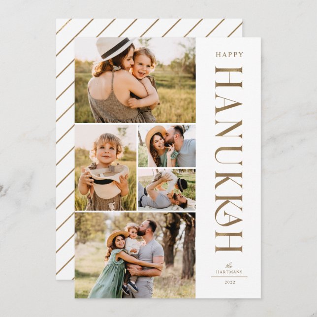 Cartes Pour Fêtes Annuelles Elegant Gold Five Photo Collage Hanoukka (Devant / Derrière)