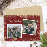 Cartes Pour Fêtes Annuelles Elégant Gold Green 2 Photos Peace Love & Joy<br><div class="desc">Cette carte de Noël élégante comprend 2 photos carrés sur un arrière - plan rouge foncé,  agrémenté d'or et de verdure blanche autour de la frontière. Le message de salut dit : Paix,  Amour & Joie. Photographie © Storytree Studios,  Stanford,  CA</div>