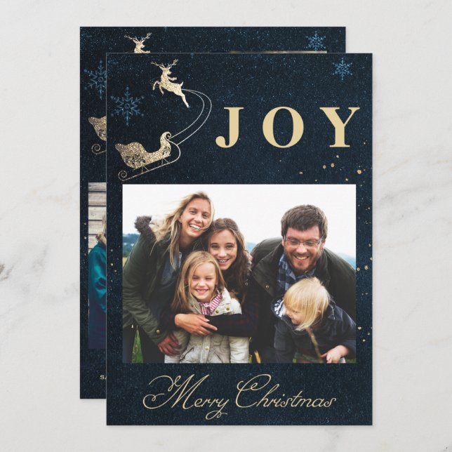 Cartes Pour Fêtes Annuelles Elegant Gold Navy Blue Sky photo Famille Noël (Devant / Derrière)