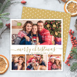 Cartes Pour Fêtes Annuelles Élégant Gold Script 4 Photo Collage Noël<br><div class="desc">Moderne minimaliste élégant blanc et or "Joyeux Noël" Script 4 Photo Collage Carte de vacances. Ce modèle de cartes de vacances festives, fantaisiste, quatre (4), présente un joli montage photo et dit "Joyeux Noël" ! Le texte de salutation "Joyeux Noël" est écrit dans une belle main lettré tourbillonnant swash-tail police...</div>