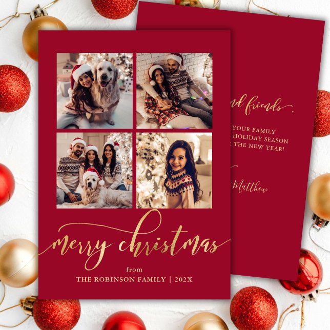 Cartes Pour Fêtes Annuelles Elegant Gold Script 4 Photo Collage Red Christmas  (Créateur téléchargé)