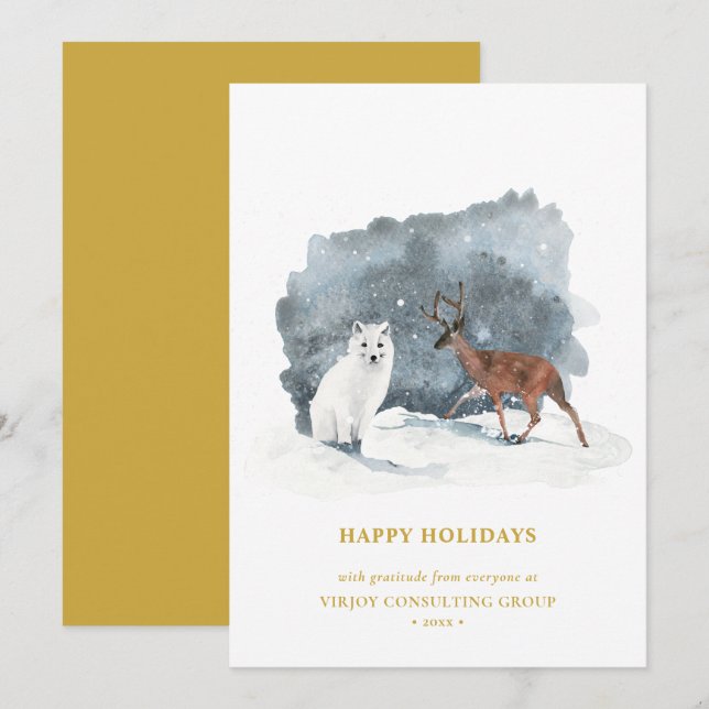 Cartes Pour Fêtes Annuelles Élégant Gold Script Arctic Winter Business (Devant / Derrière)