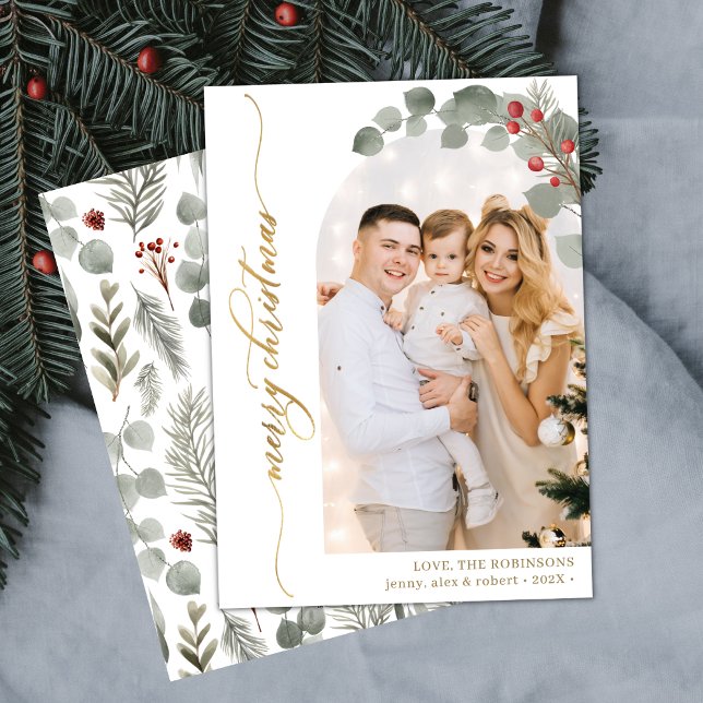 Cartes Pour Fêtes Annuelles Élégant Gold Script Foliage Photo Arch Noël (Créateur téléchargé)