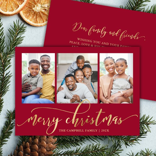 Cartes Pour Fêtes Annuelles Elegant Gold Script Red 3 Photo Collage Christmas (Créateur téléchargé)