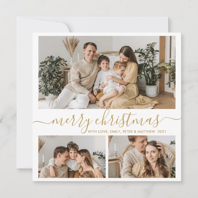 Cartes Pour Fêtes Annuelles Elégant Gold White 3 Photo Collage Noël (Devant)