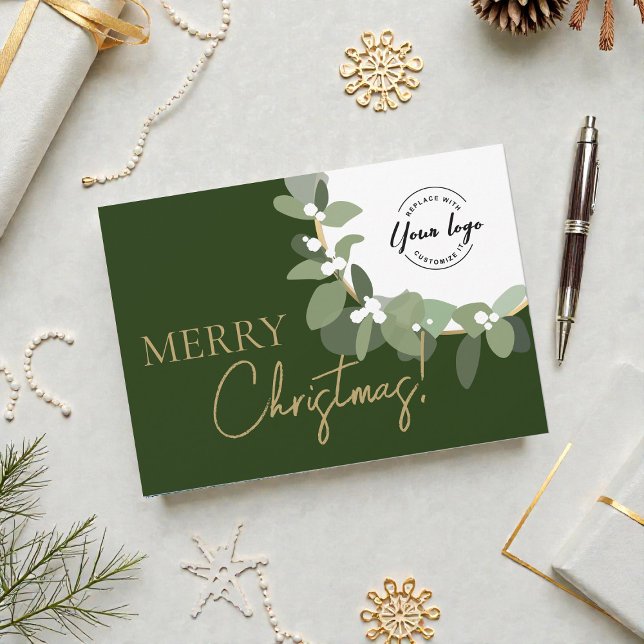 Cartes Pour Fêtes Annuelles Elegant Green gold Merry Christmas Company Logo  (Modern, professional Green gold with Custom Logo Business Christmas corporate card.)
