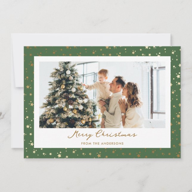 Cartes Pour Fêtes Annuelles Elégant Green Gold Stars Photo Joyeux Noël (Devant)