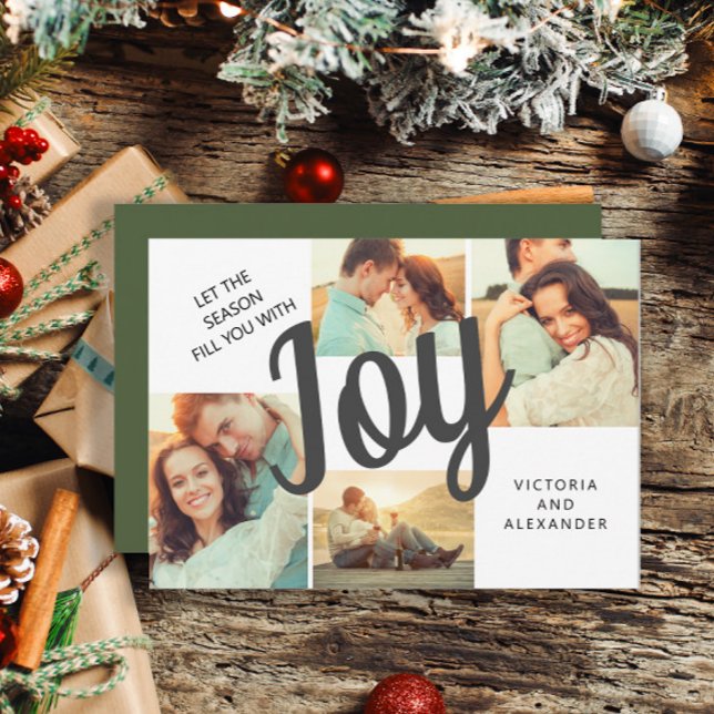 Cartes Pour Fêtes Annuelles Elégant Green Joy Script Holiday 4 Photo (4-photo Joy Christmas greeting card personalized with your photos and text.)
