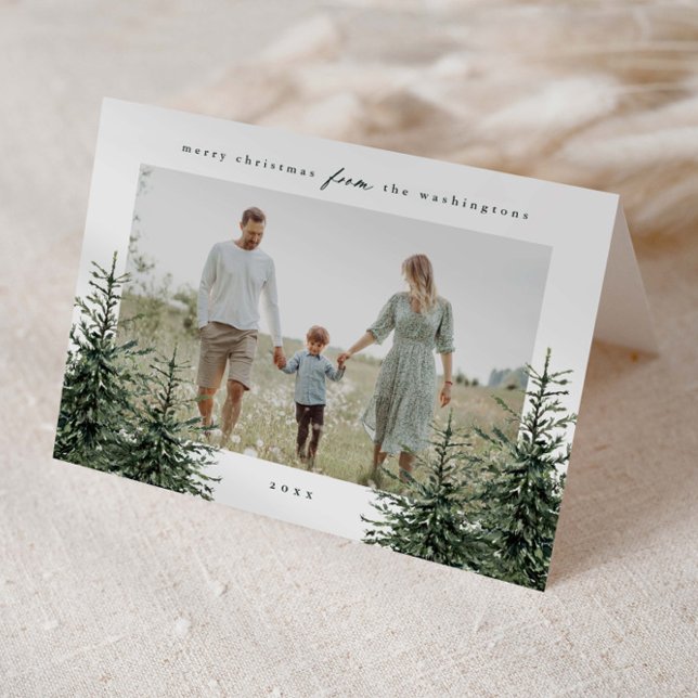 Cartes Pour Fêtes Annuelles Elegant Hand-painted Pine Tree Photo Christmas (Elegant hand painted watercolor Christmas trees 3 photo folded holiday cards.)