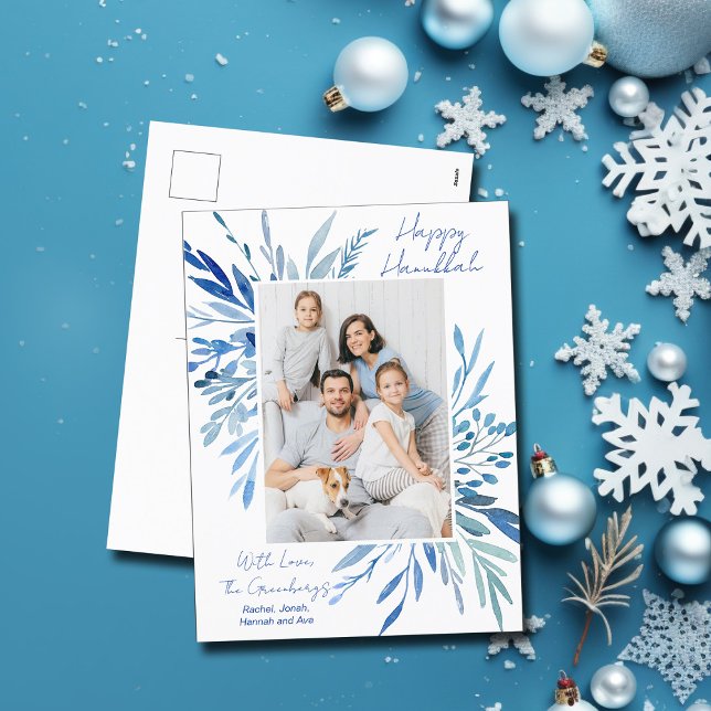 Cartes Pour Fêtes Annuelles Elegant Happy Hanoukka Blue Botanical Photo (Créateur téléchargé)