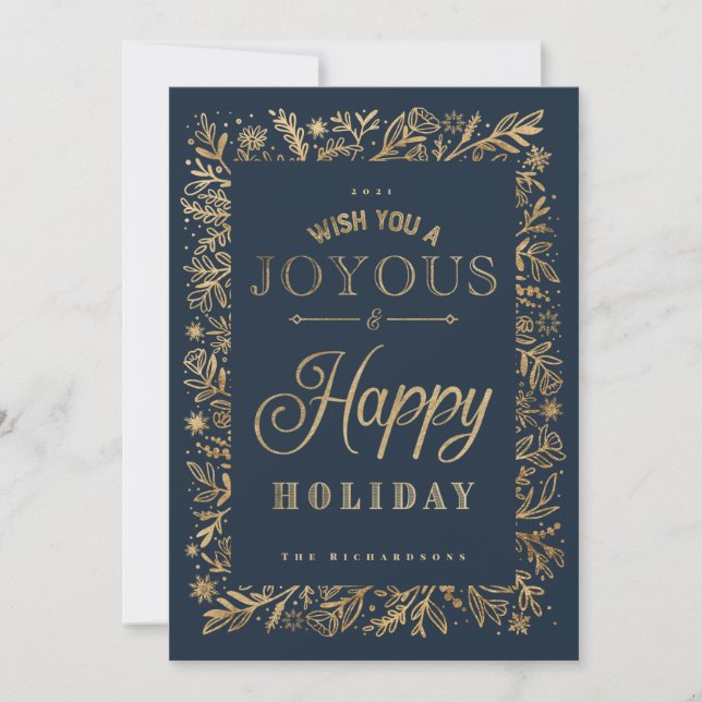 Cartes Pour Fêtes Annuelles Elégant Happy Holiday Gold Foliage & Snowflakes (Devant)