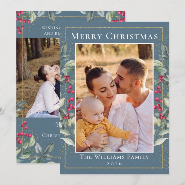 Cartes Pour Fêtes Annuelles Elegant Holly Berries Blue Grey Noël 2 Photo (Devant / Derrière)