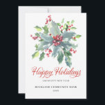 Cartes Pour Fêtes Annuelles Elegant Holly Berries Non-Photo 2024 Entreprise<br><div class="desc">Élégant et professionnel,  cette carte de Noël d'entreprise sainte et baies rouges sprig dans le centre. Un message pré-imprimé et un emplacement modifiables pour le logo de votre entreprise sont à l'arrière. Vous pouvez simplement supprimer l'option logo si vous ne voulez pas l'utiliser.</div>