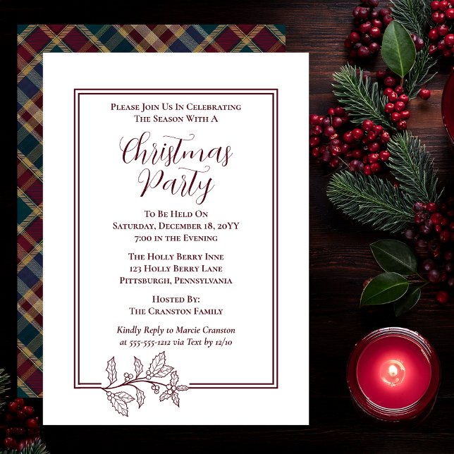 Cartes Pour Fêtes Annuelles Elegant Holly | Berries Rich Plaid Noël (Elegant Holly and Berries with Rich Plaid Christmas Party Invitations - White | Dark Cranberry Red)
