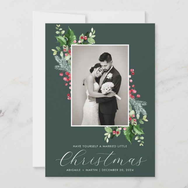 Cartes Pour Fêtes Annuelles Elegant Holly Berry Mariage Photo Green (Devant)