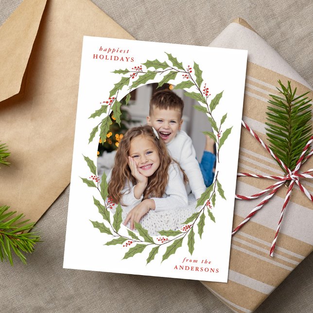 Cartes Pour Fêtes Annuelles Elegant Holly Berry Oval Wreath 3 Photo (Créateur téléchargé)