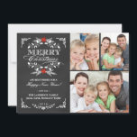 Cartes Pour Fêtes Annuelles Elegant Holly Chalkboard Noël 3-Photo Collage<br><div class="desc">Vintage style tableau noir Joyeux Noël carte de voeux avec modèle photo. Elégant design noir et blanc avec belle couronne rouge poinsettia, cadre rétro festif et typographie de style letterpress formel décoratif sur ardoise gris arrière - plan de calque. Ajoutez vos trois photos de famille de vacances préférées et customisez...</div>