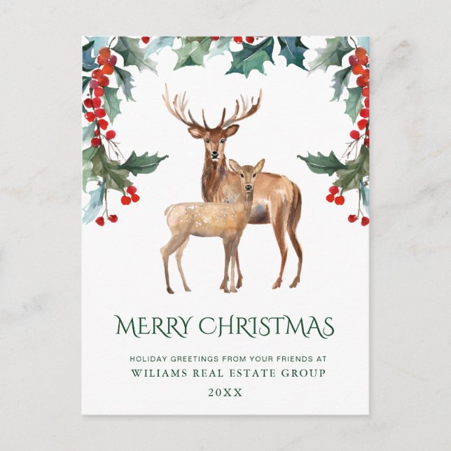 Cartes Pour Fêtes Annuelles Elegant Holly Deer Noël Accueil d'entreprise (Devant)