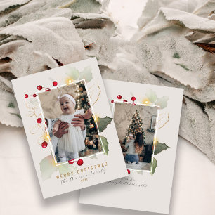 Cartes Pour Fêtes Annuelles Elegant Holly et Gold Joyeux Noël Photo