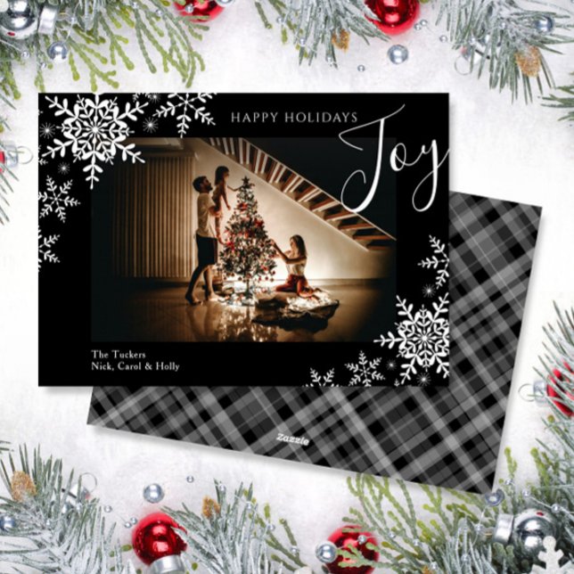 Cartes Pour Fêtes Annuelles Elégant Joy Snowflakes Plaid Happy Holidays Photo (Créateur téléchargé)